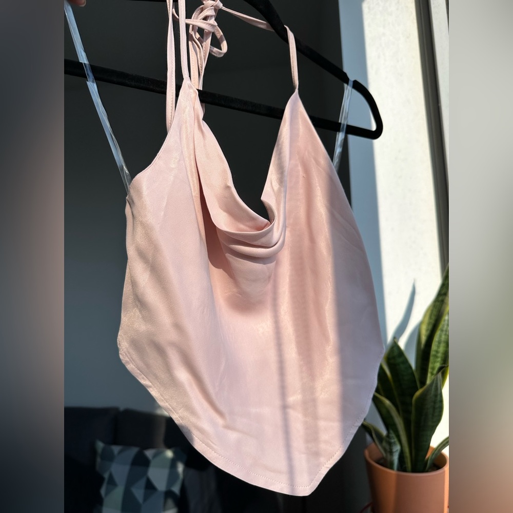 Blush Pink Satin Cowl Neck Scarf Tank Top